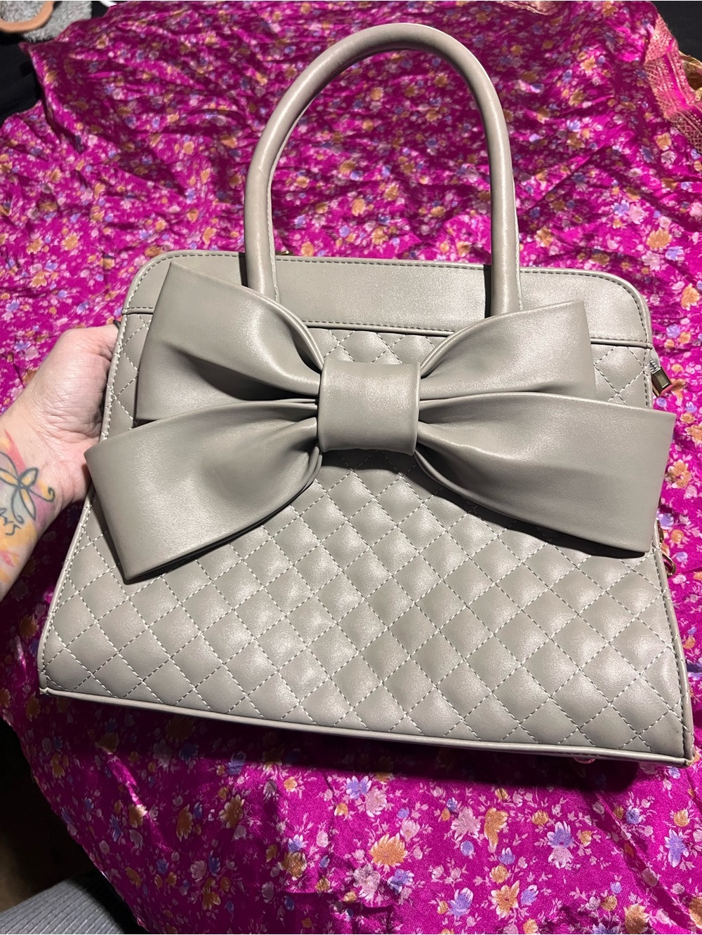 Taupe Quilted Bow Satchel Handbag
